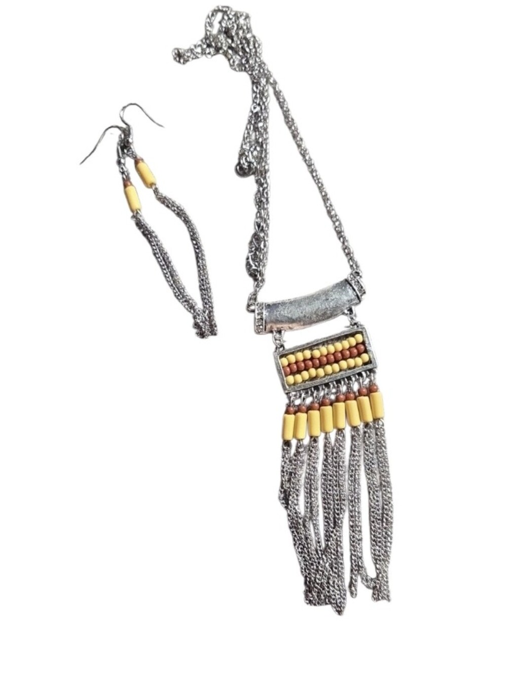 Yellow Beaded Fringe Silver-Tone Necklace & Earring Set